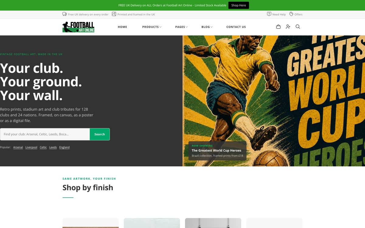 Football Art Online storefront &mdash; vintage football art prints, bold hero imagery.