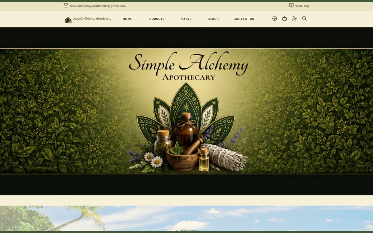 Simple Alchemy storefront &mdash; illustrated botanical apothecary hero.